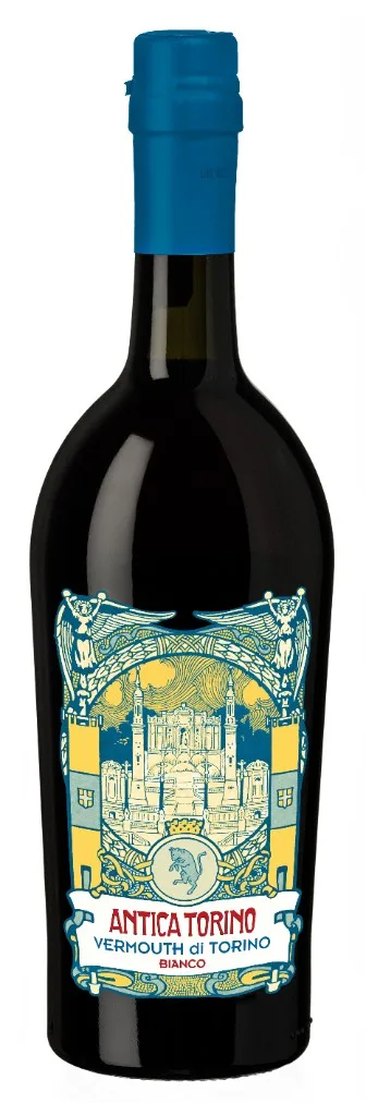 Botella de Antica Torino Vermouth di Torino Bianco, cápsula azul y etiqueta art nouveau con edificio de Turín y leyenda Bianco