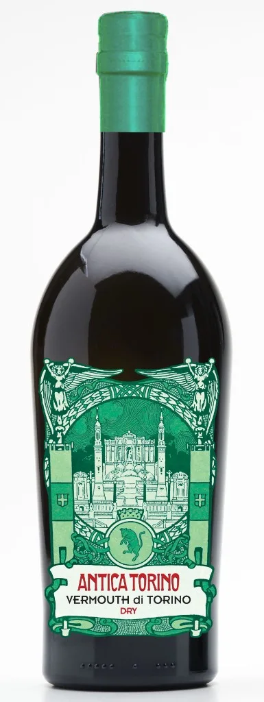 Botella de Antica Torino Vermouth di Torino Dry, cápsula verde y etiqueta ornamental con edificio de Turín y leyenda Dry