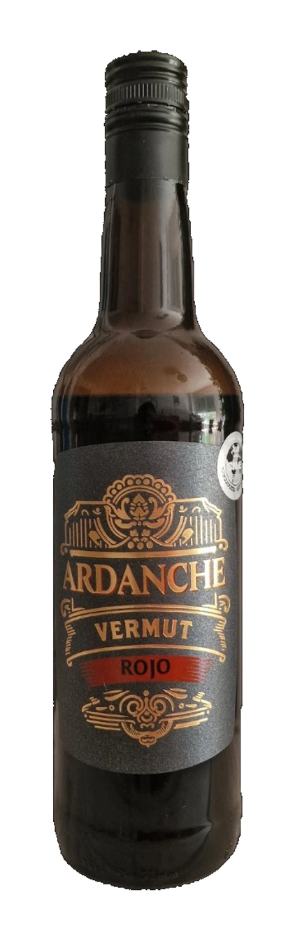 Botella de Vermut Rojo Ardanche, etiqueta negra y dorada con franja roja
