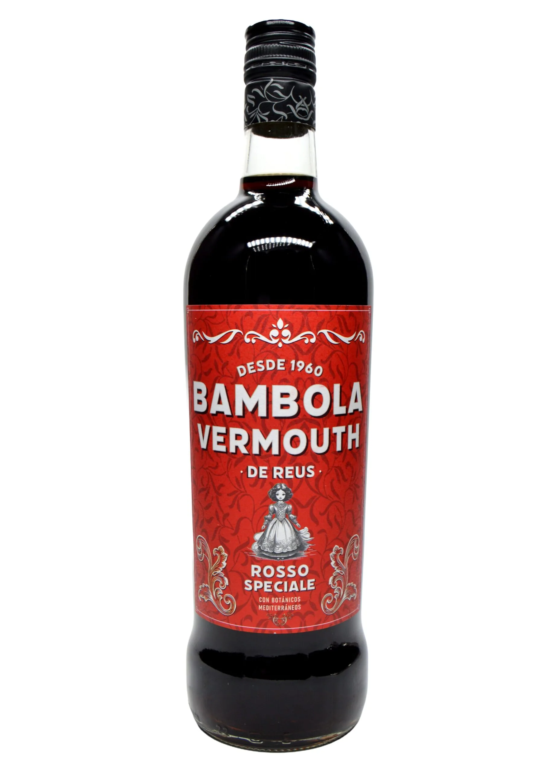 Botella de Bambola Vermouth de Reus Rosso Speciale, etiqueta roja con ilustración de muñeca vintage y leyenda Desde 1960