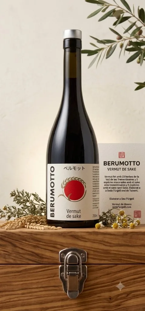 Botella de Berumotto Blanco de Seda Líquida, etiqueta blanca con círculo rojo y espiga de arroz, leyenda Vermut de sake y 750 ml