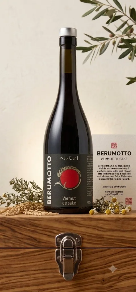 Botella de Berumotto Rojo de Seda Líquida, etiqueta negra con círculo rojo y espiga de arroz, leyenda Vermut de sake y 750 ml