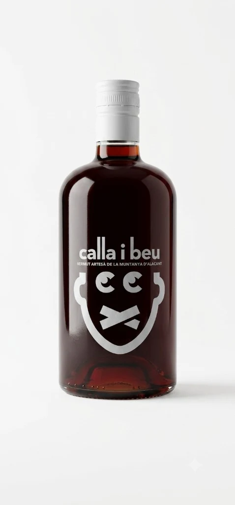Botella de Vermut Rojo Calla i Beu, serigrafía blanca con icono de cara y leyenda Vermut artesà de la muntanya d'Alacant