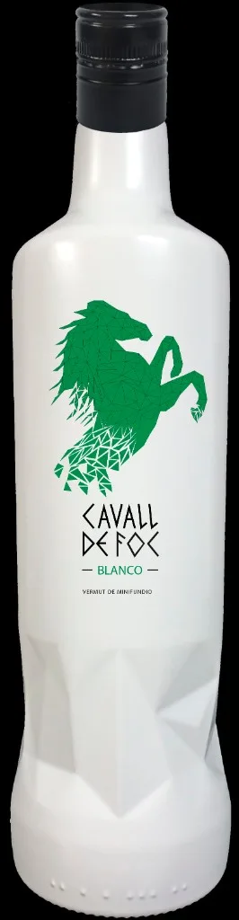 Botella blanca mate de Vermut Blanco Cavall de Foc 75 cl, caballo geométrico verde y leyenda Vermut de Minifundio