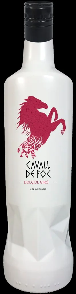 Botella blanca mate de Dolç de Giró Cavall de Foc 75 cl, caballo geométrico rojo y leyenda Vi de Minifundio