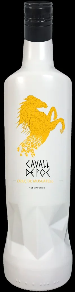 Botella blanca mate de Dolç de Moscatell Cavall de Foc 75 cl, caballo geométrico amarillo y leyenda Vi de Minifundio