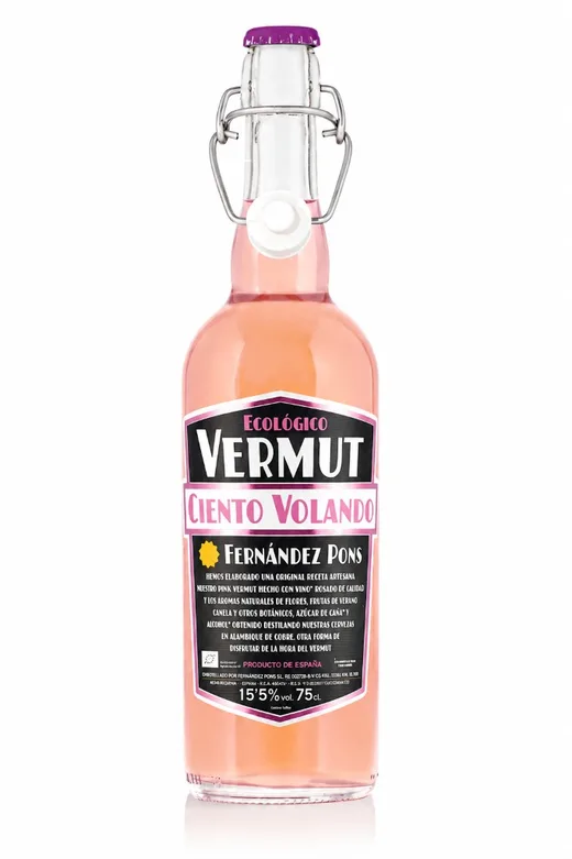 Botella de Vermut Ciento Volando Pink ecológico de Fernández Pons, cristal transparente con líquido rosa pálido, tapón mecánico y etiqueta negra y rosa