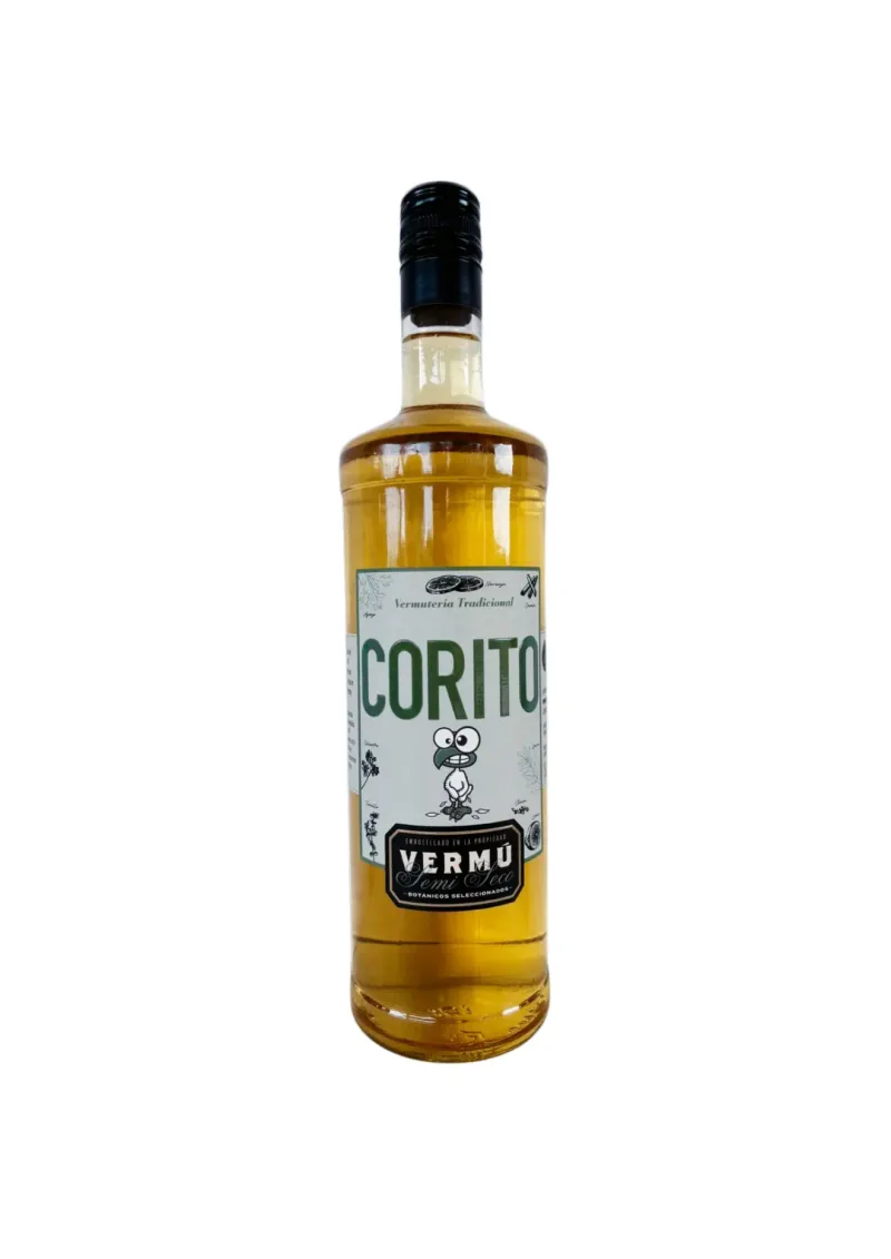 Botella de Vermú Corito Blanco sobre fondo blanco, etiqueta Destilería Esteban Araujo
