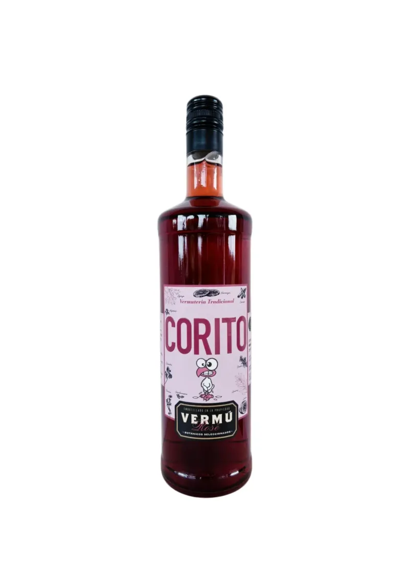 Botella de Vermú Corito Rosé sobre fondo blanco, etiqueta Destilería Esteban Araujo