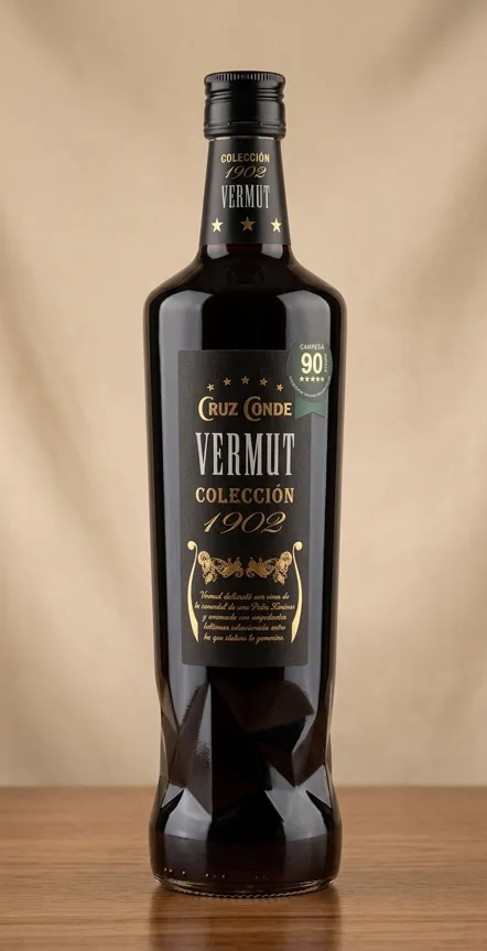 Botella de Cruz Conde Vermut Colección 1902, etiqueta negra con leyendas doradas y sello Guía Peñín 90 puntos