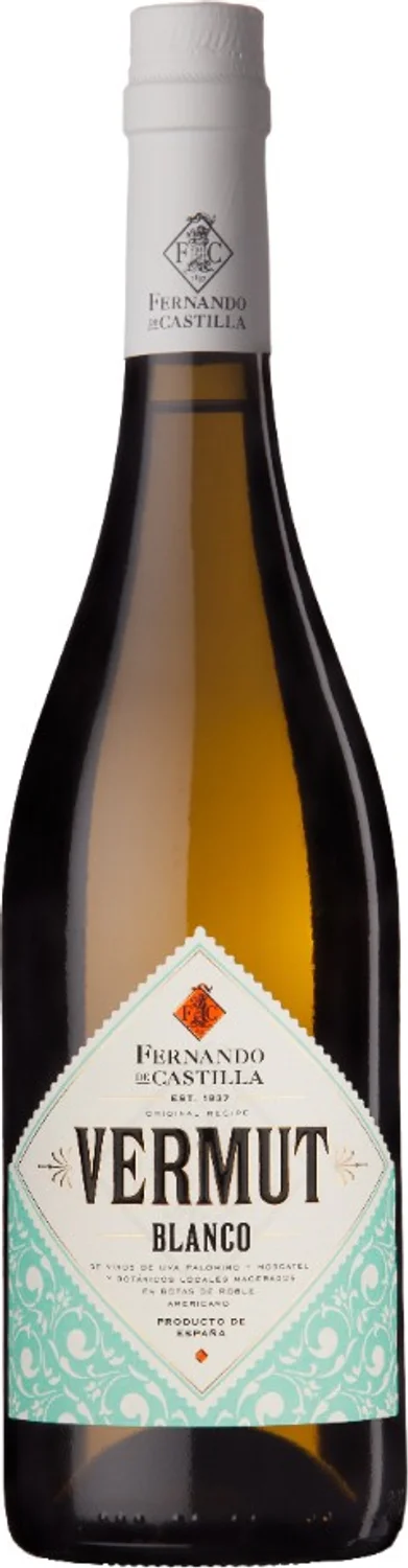 Botella de Fernando de Castilla Vermut Blanco con cápsula blanca y etiqueta diamante; Palomino y Moscatel de Jerez