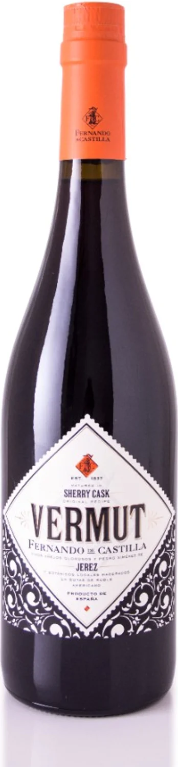 Botella de Fernando de Castilla Vermut Rojo con cápsula naranja y etiqueta diamante; Jerez, vinos oloroso y Pedro Ximénez
