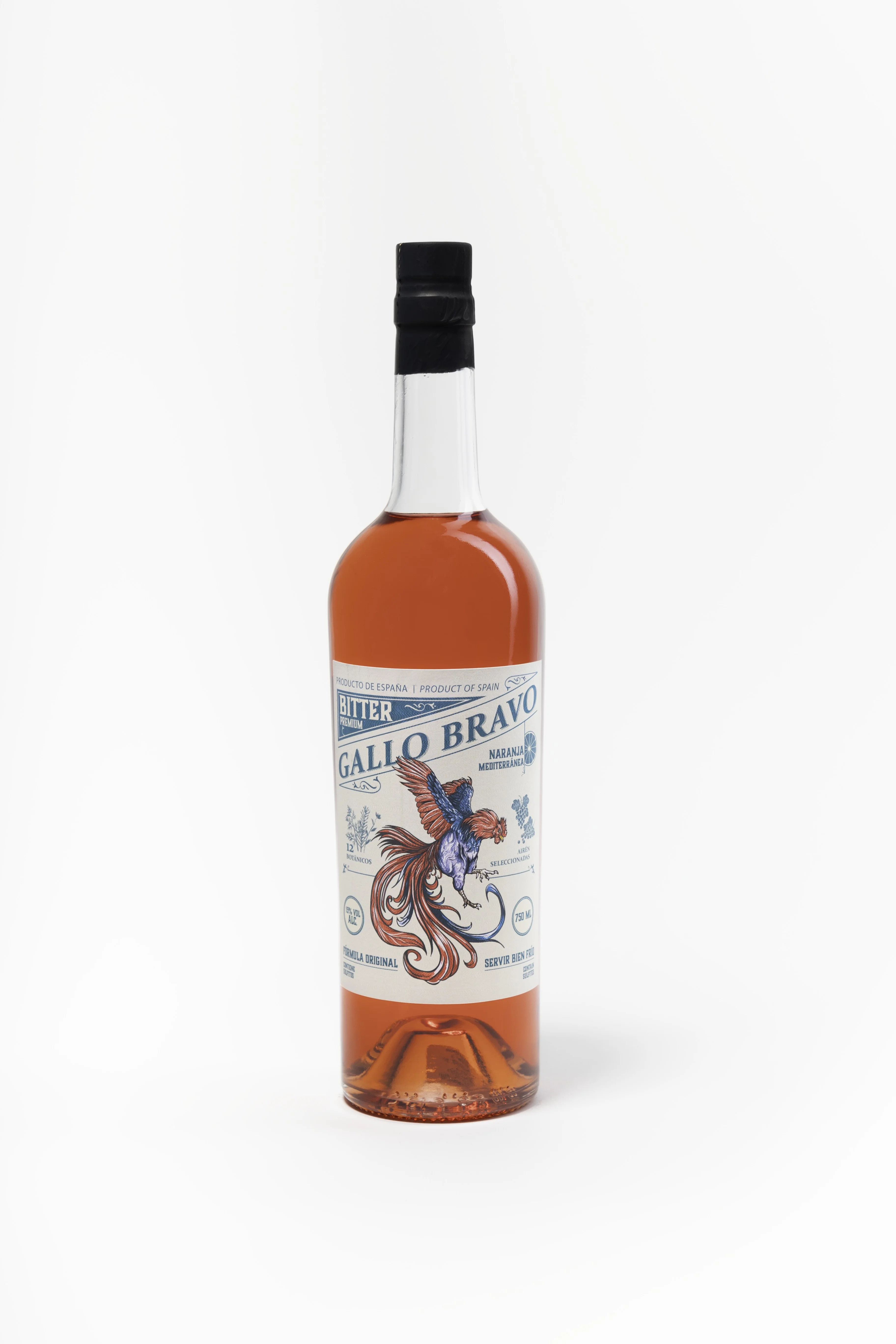Botella de Bitter Premium Gallo Bravo Naranja Mediterránea, cápsula negra, etiqueta con gallo ilustrado, 12 botánicos y ajenjo seleccionado