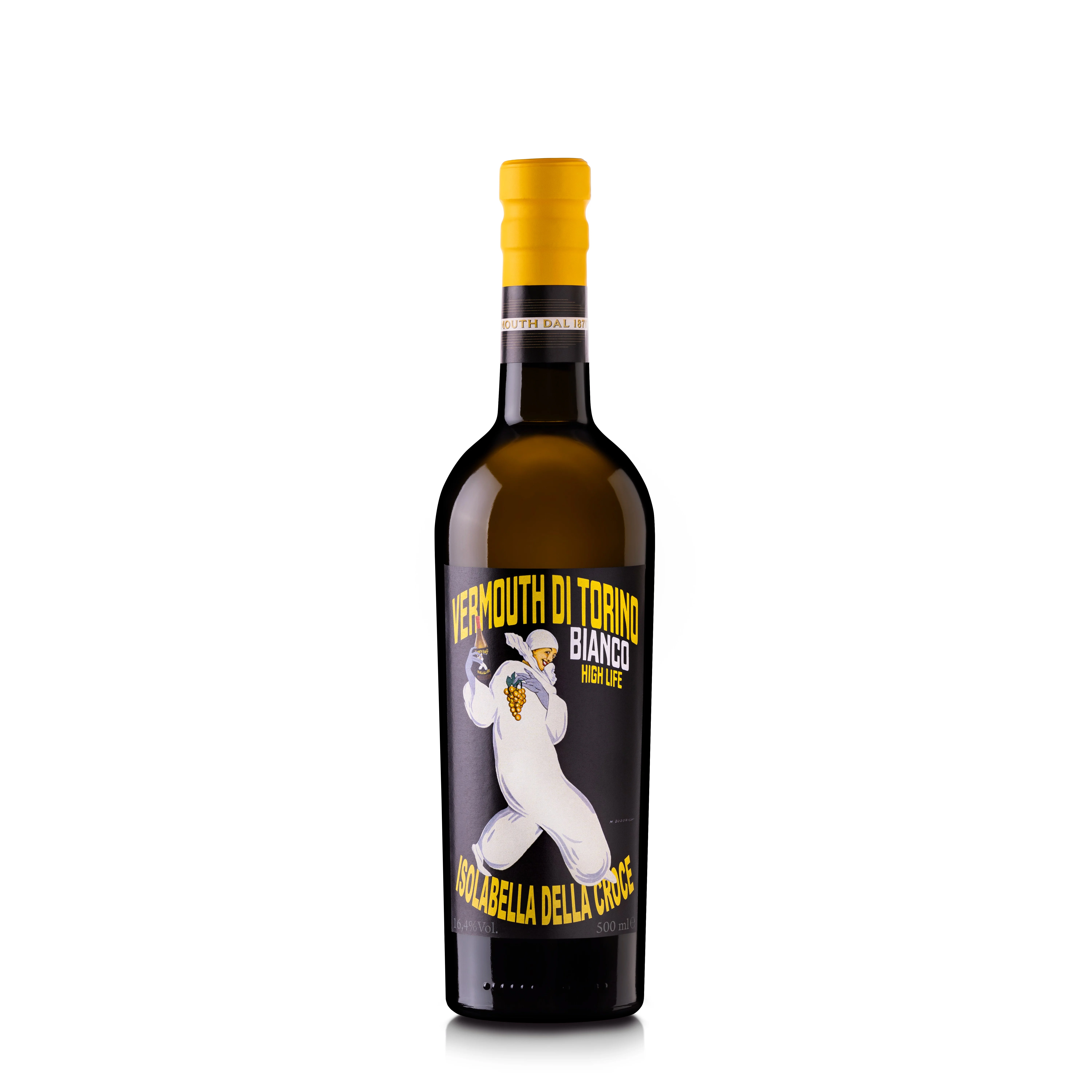 Botella de Vermouth di Torino Bianco High Life 50 cl de Isolabella della Croce, etiqueta vintage de Marcello Dudovich con Pierrot y uvas doradas
