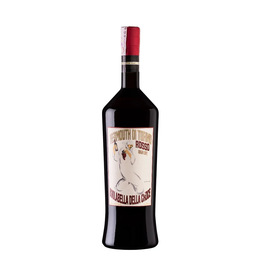 Botella de Vermouth di Torino Rosso High Life 1 L de Isolabella della Croce, etiqueta vintage crema de Marcello Dudovich con Pierrot y uvas tintas
