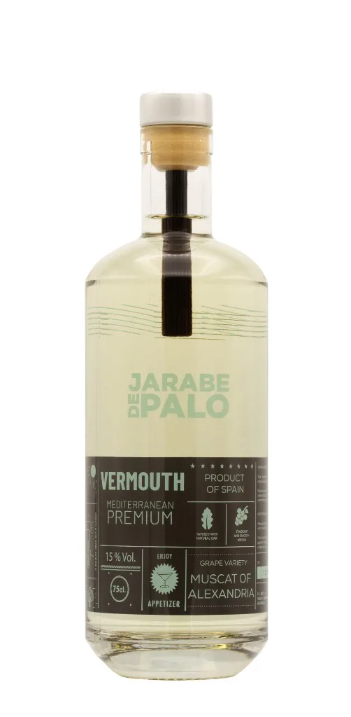 Botella de Jarabe de Palo Vermouth Blanco, botella transparente con palo de roble en el interior y etiqueta Mediterranean Premium Muscat of Alexandria