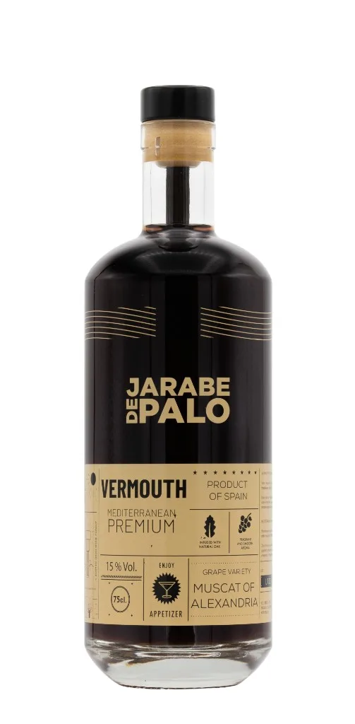 Botella de Jarabe de Palo Vermouth Rojo, botella oscura con palo de roble en el interior y etiqueta Mediterranean Premium Muscat of Alexandria