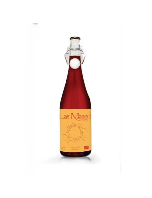 Botella de Vermut Bio Las Manos con etiqueta naranja, ilustración de manos unidas y tapón mecánico
