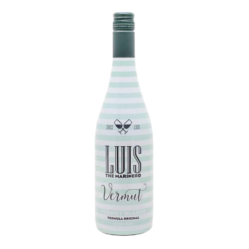 Botella de Luis The Marinero Vermut Blanco con rayas marineras verde menta y blanco, leyenda Formula Original