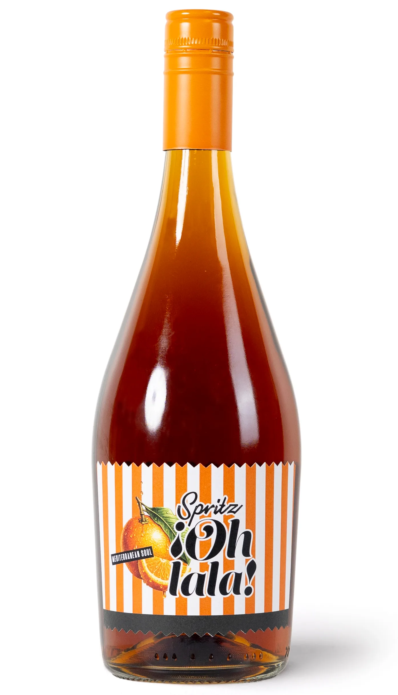 Botella de ¡Oh lala! Spritz de Bodegas Vegamar, etiqueta a rayas naranjas y blancas con ilustración de naranja y leyenda Mediterranean Soul