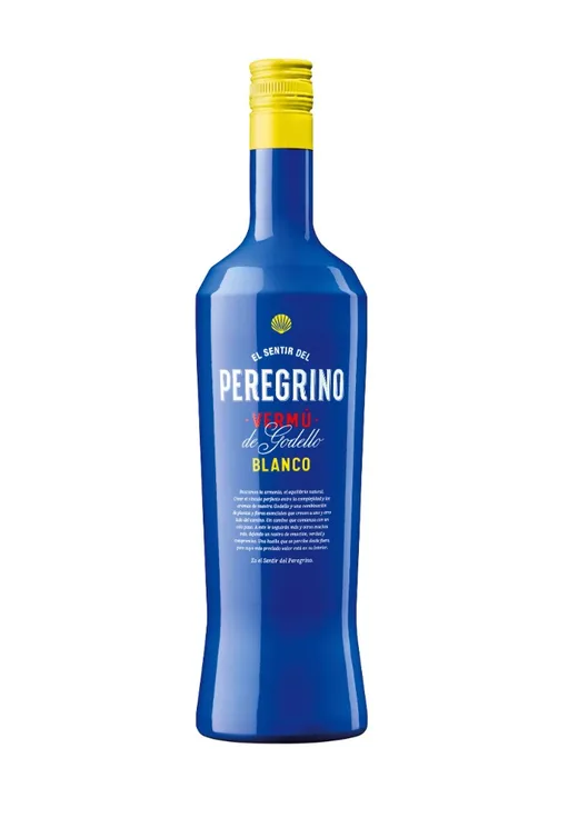 Botella azul de Vermú Peregrino Blanco El Sentir del Peregrino, cápsula amarilla, concha del Camino y leyenda Vermú de Godello Blanco