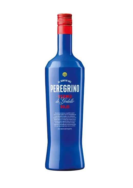 Botella azul de Vermú Peregrino Rojo El Sentir del Peregrino, cápsula roja, concha del Camino y leyenda Vermú de Godello Rojo