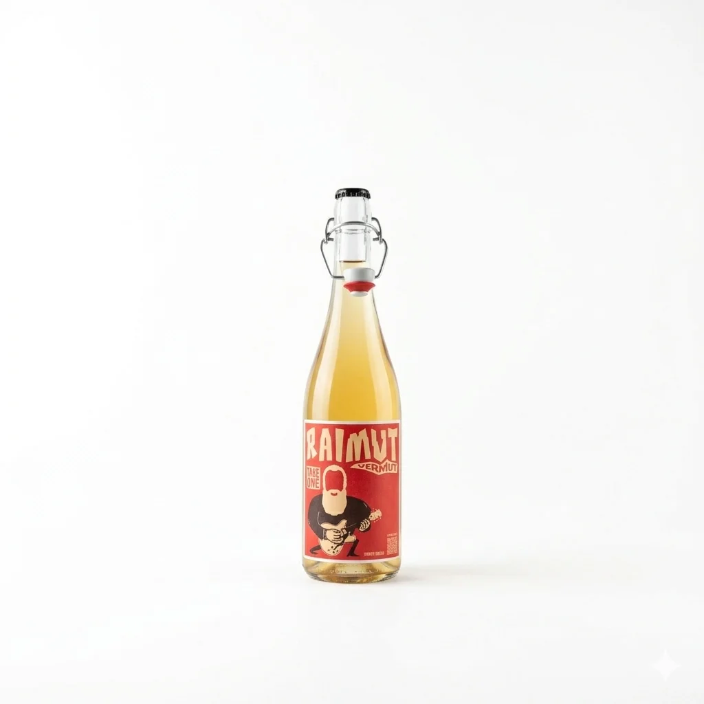 Botella de Raimut Vermut Blanc, etiqueta roja con ilustración de barba blanca y guitarra, cierre hermético swing-top