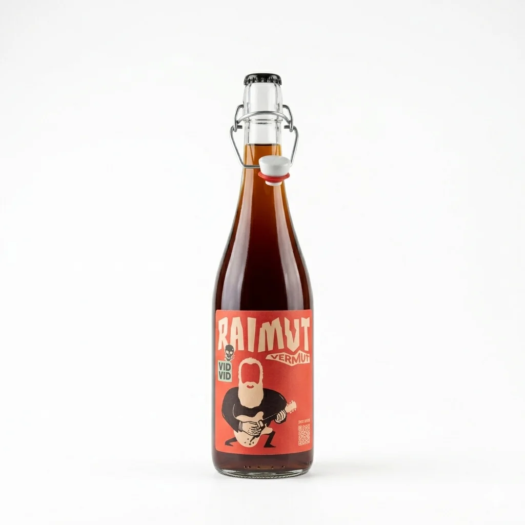 Botella de Raimut Vermut Negre, etiqueta roja con ilustración de barba blanca y guitarra, cierre hermético swing-top