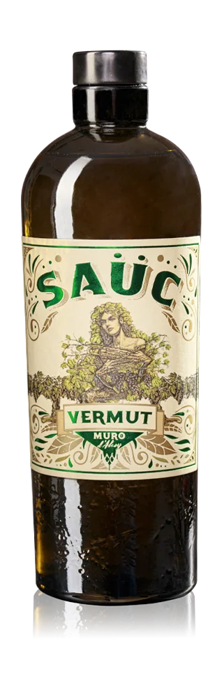 Botella de Vermut Saüc Blanco 75 cl, vermut blanco artesanal de Malvasía con etiqueta vintage de Muro d'Alcoi