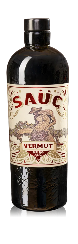 Botella de Vermut Saüc Rojo 75 cl, vermut rojo artesanal de Malvasía con etiqueta vintage de Muro d'Alcoi