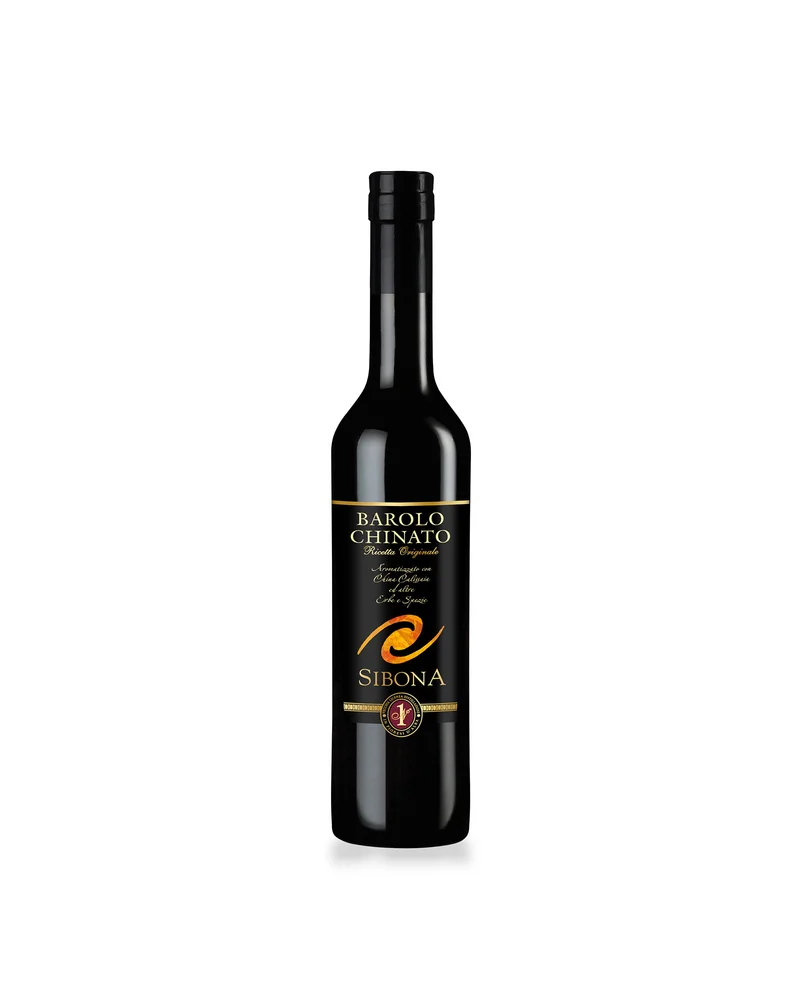 Botella de Sibona Barolo Chinato, vino aromatizado piemontés de la Distilleria Sibona