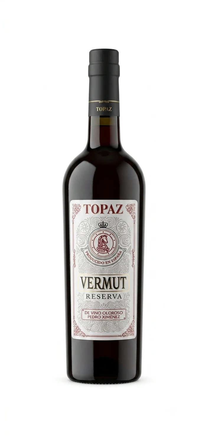 Botella de Topaz Vermouth Reserva, vidrio oscuro con etiqueta ornamental, escudo ecuestre y leyenda de oloroso Pedro Ximénez