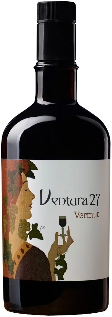 Botella de Ventura 27 Vermut de Bodegas Dimobe, etiqueta art nouveau con mujer, uvas y leyenda Ventura 27 Vermut