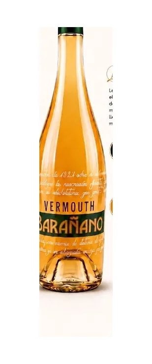 Botella transparente de Vermouth Blanco Barañano, cápsula verde, banda verde con leyenda BARAÑANO en dorado y caligrafía sobre el cristal