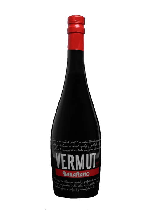 Botella oscura de Vermouth Barañano, cápsula roja, serigrafía blanca y banda roja con leyenda BARAÑANO