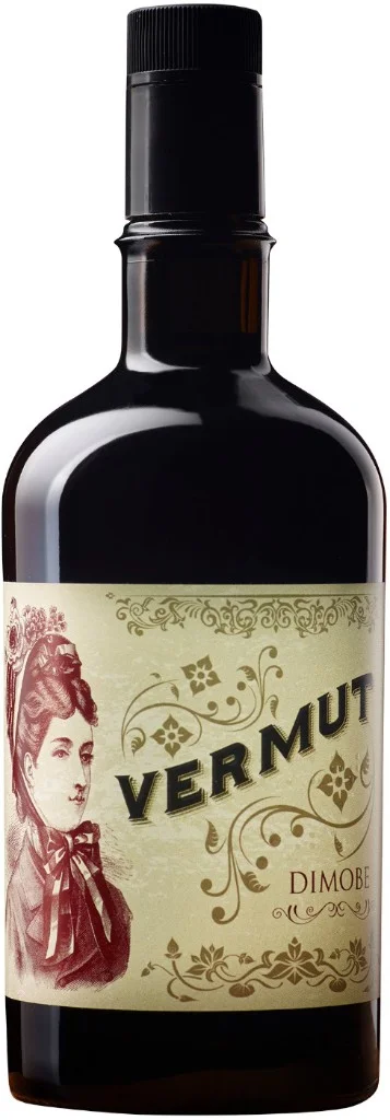 Botella de Vermut Dimobe, etiqueta vintage crema con ilustración de mujer y leyenda VERMUT DIMOBE