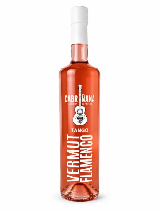 Botella de Vermut Flamenco Tango de Bodega Rockera Cabriñana, cristal transparente con líquido rosa y grabado de guitarra flamenca