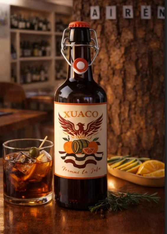Botella de Vermut La Jefa Xuaco con tapón mecánico, etiqueta con fénix y naranjas, servido en Bodega Airén con copa, hielo, aceituna y rodaja de naranja