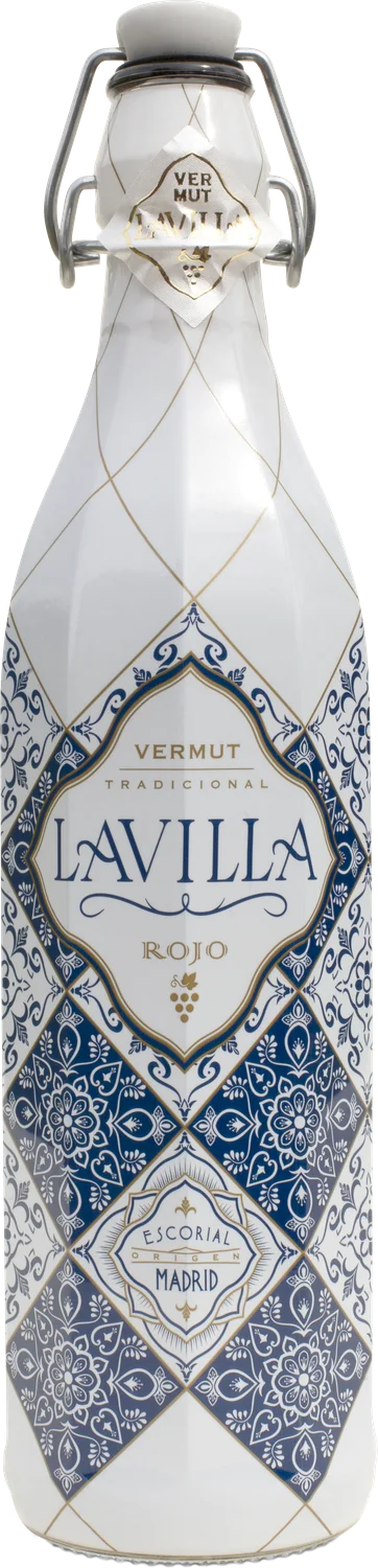 Botella de Vermut La Villa Rojo Tradicional con diseño azulejo blanco y azul, tapón swing-top y origen Escorial Madrid