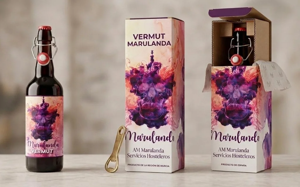 Botella de Vermut Marulanda con estuche, etiqueta artística de nubes de tinta y leyenda Producto de la Región de Murcia