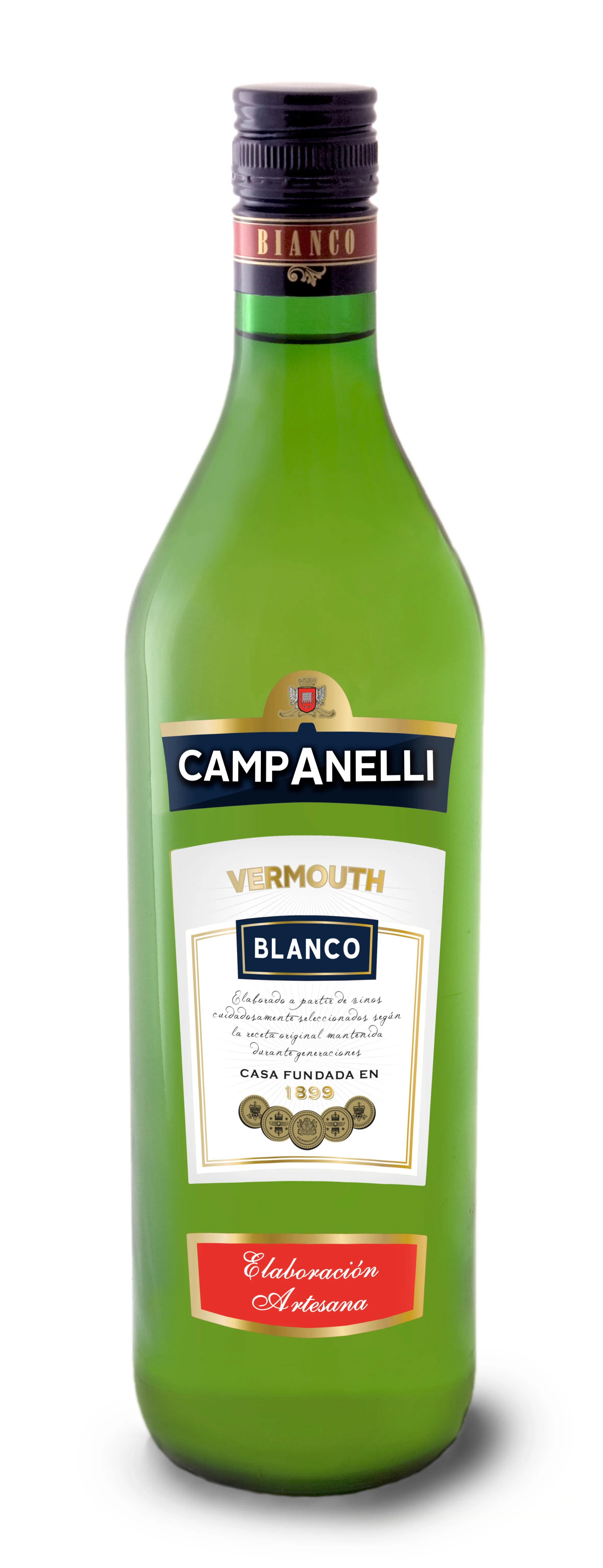 Botella de Vermouth Campanelli Bianco de Bodegas Vidal, formato litro con etiqueta de la línea Campanelli