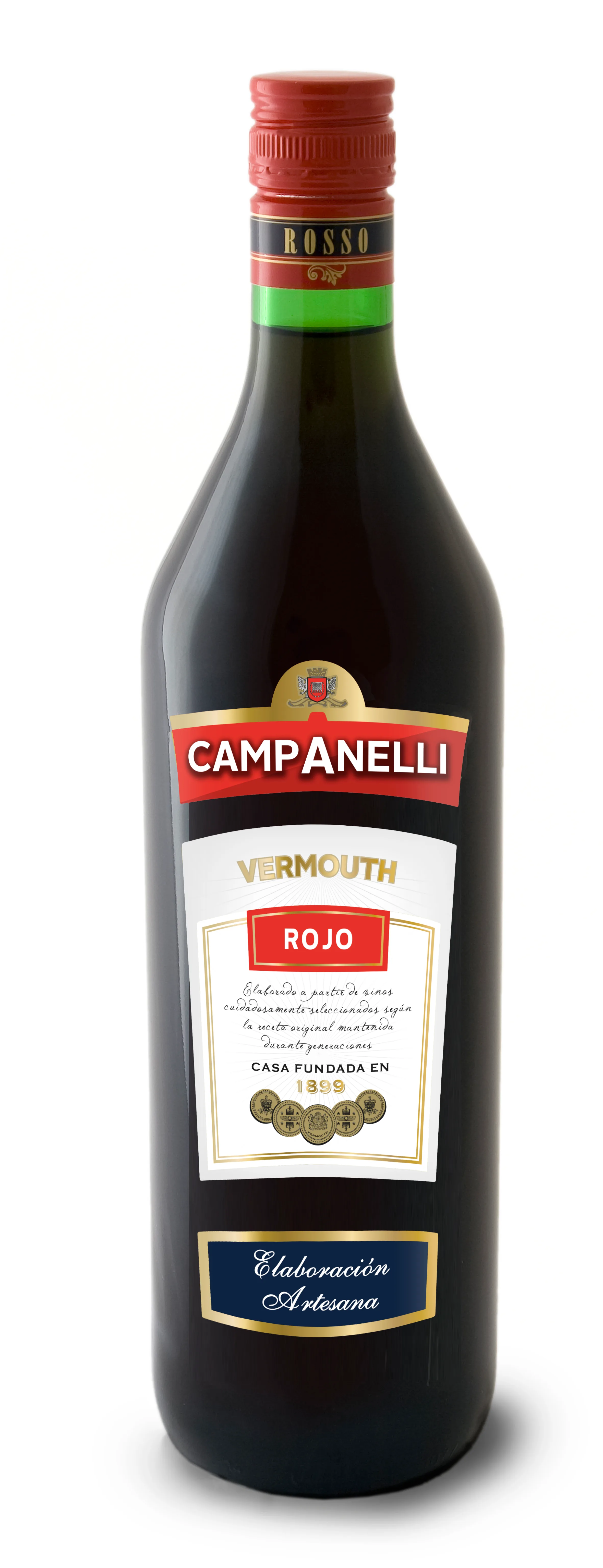 Botella de Vermouth Campanelli Rosso de Bodegas Vidal, formato litro con etiqueta de la línea Campanelli