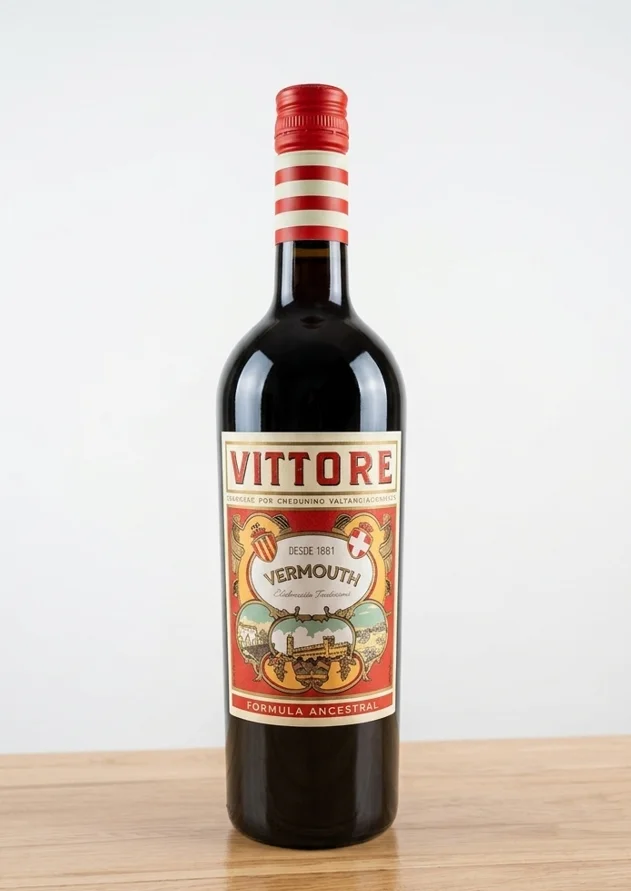 Botella de Vittore Vermouth Rojo, etiqueta vintage con escudos valencianos, leyenda Desde 1881 y Fórmula Ancestral